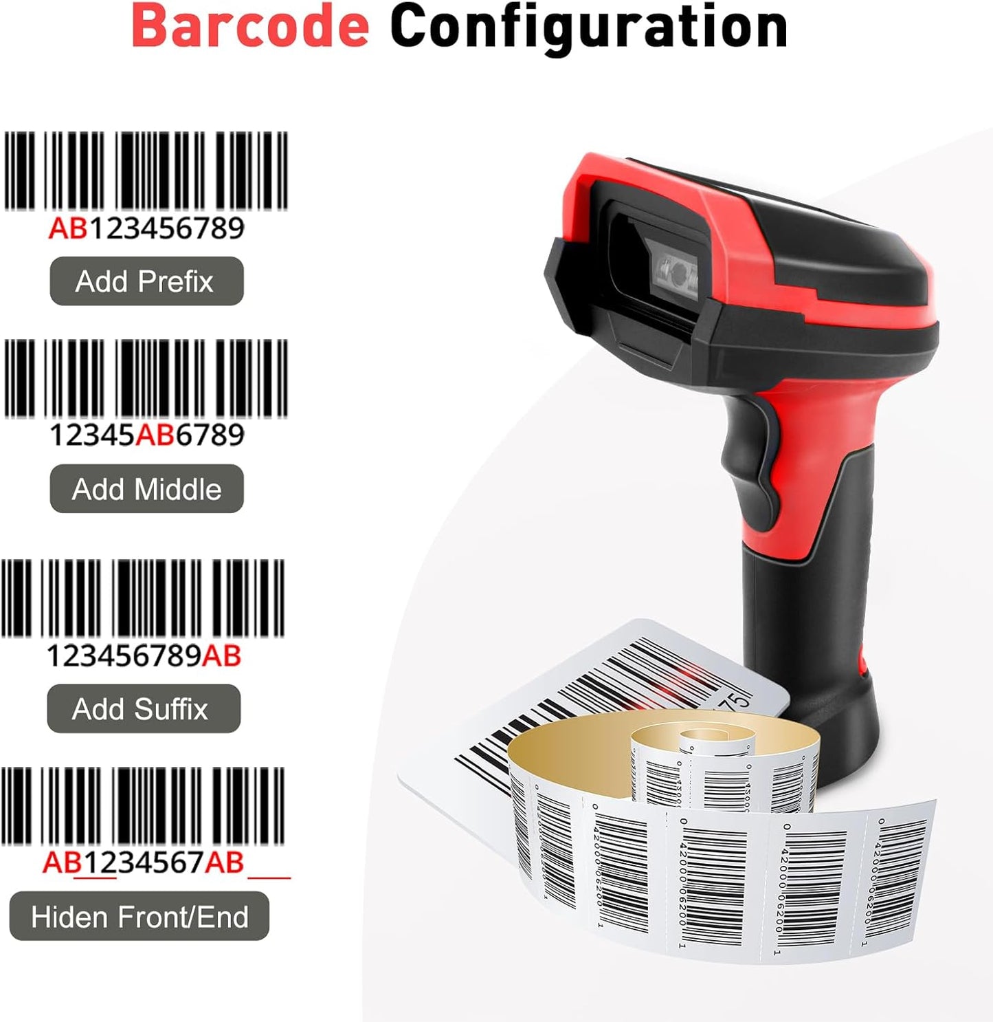 Barcode Scanner Wireless, 1D CCD Automatic Bar Code Scanner with Display Screen, Rechargeable Handhold Barcode Reader with 2.4G Receiver & USB Wired Plug and Play (Red)