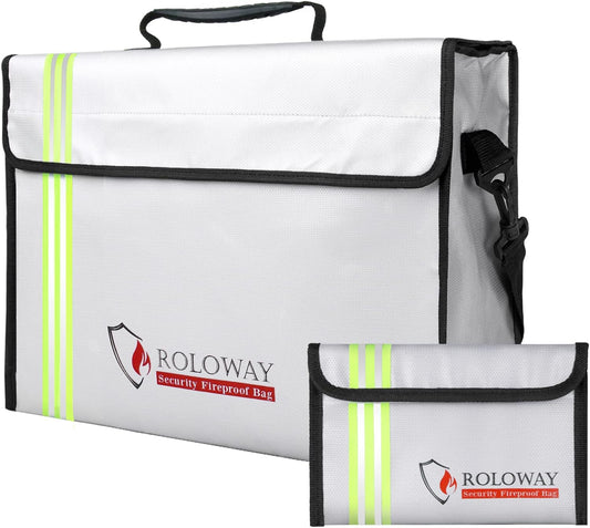 ROLOWAY Large (15 x 12 x 5 inches) Fireproof Bag with Reflective Strip, Water Resistant Fireproof Document Bag Safe for Money, Documents and Valuables Storage
