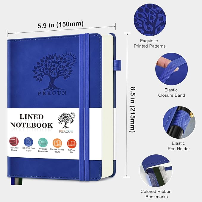 PERCUN Lined Journal Notebook for Men & Women, 160 Pages College Ruled Journal for Writing, A5 Hardcover Leather Notebooks for Work, School, Business, Travel, Daily Diary 5.9" x 8.5" - Navy