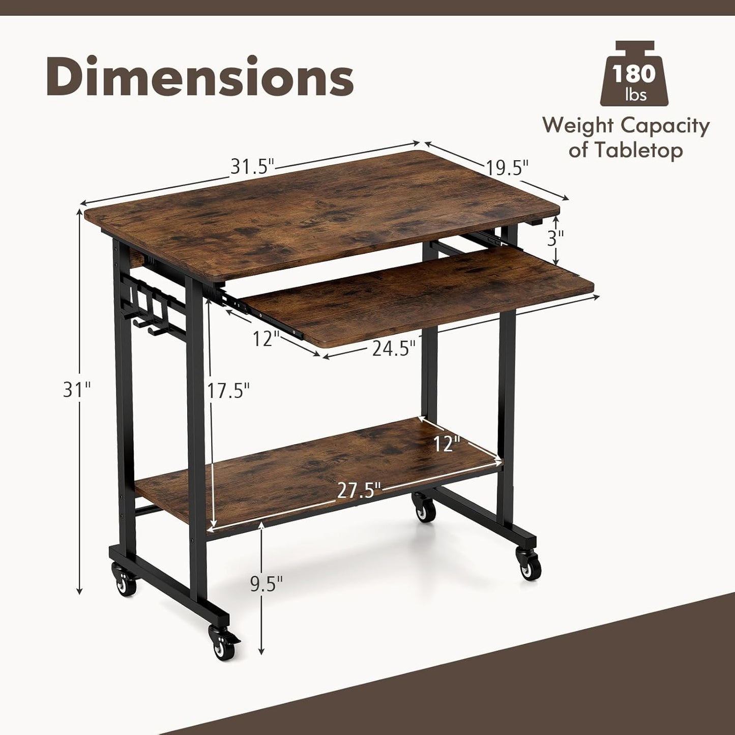 Tangkula Rolling Computer Desk Cart with Keyboard Tray, Mobile Portable Laptop PC Desk with CPU Stand & 3 Hooks for Sofa & Bed, Industrial Small Desk on Wheels for Small Spaces, Home Office Desk