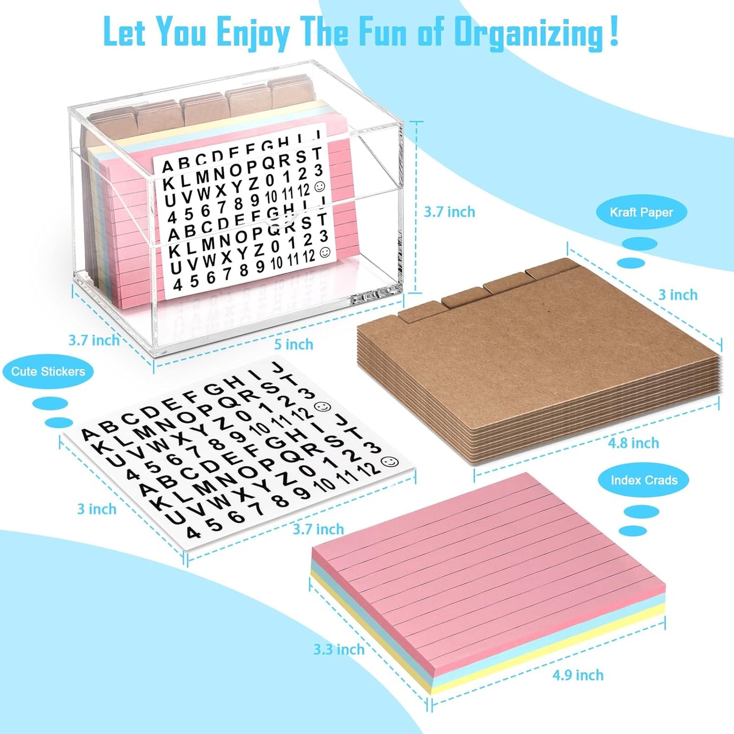 3 x 5 Inch Acrylic Index Card Holder Clear Flash Card Holder Recipe Card Box 150 Pcs Ruled Lined Index Cards 30 Pcs Kraft Dividers A to Z Stickers For Holds 400 A-Z Tabs Note Cards Business Cards
