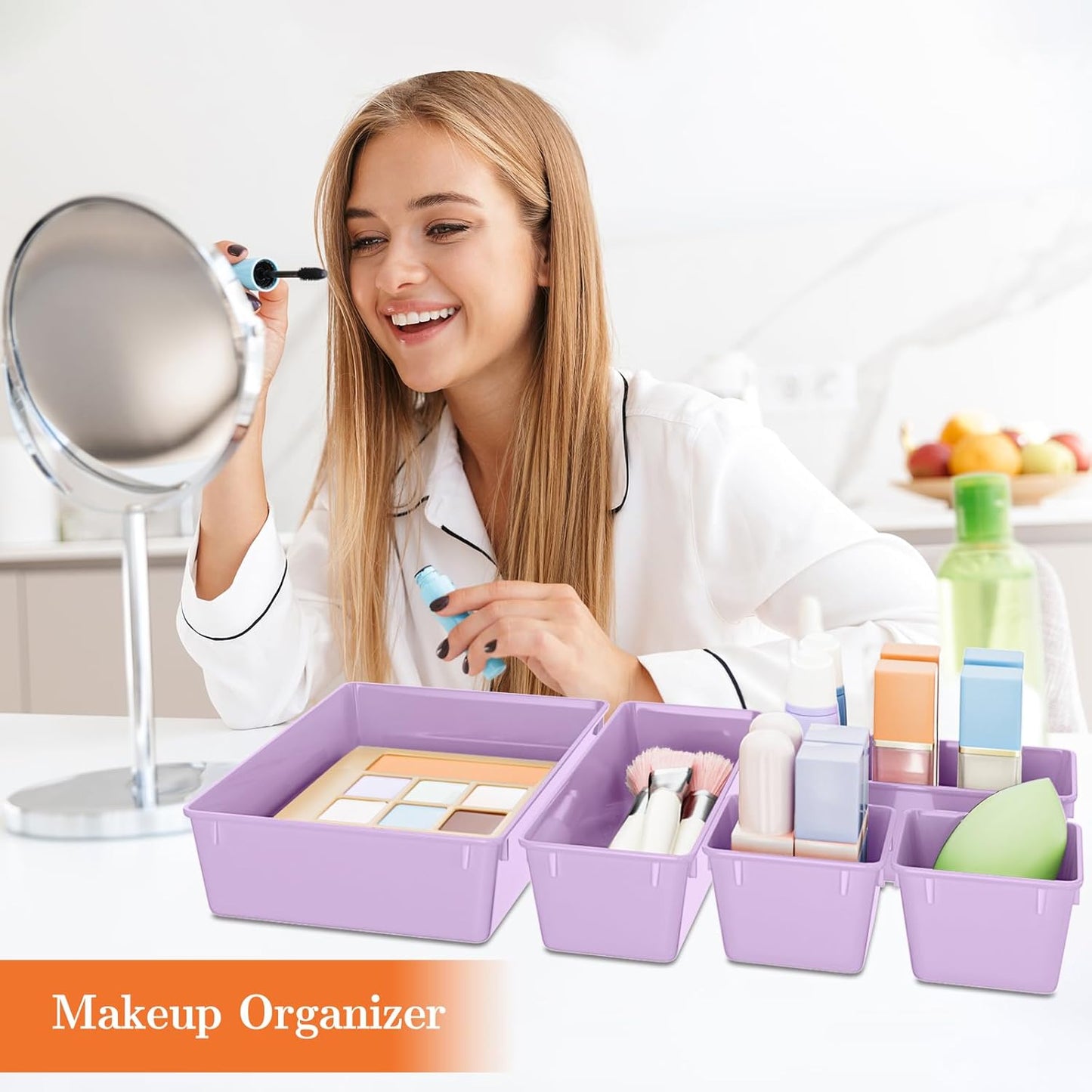 25 PCS Plastic Drawer Organizer Set, 4-Size Versatile Organizer Trays & storage Bins for Makeup, Jewelry, and Gadgets in Bathroom, Bedroom and Office, Purple
