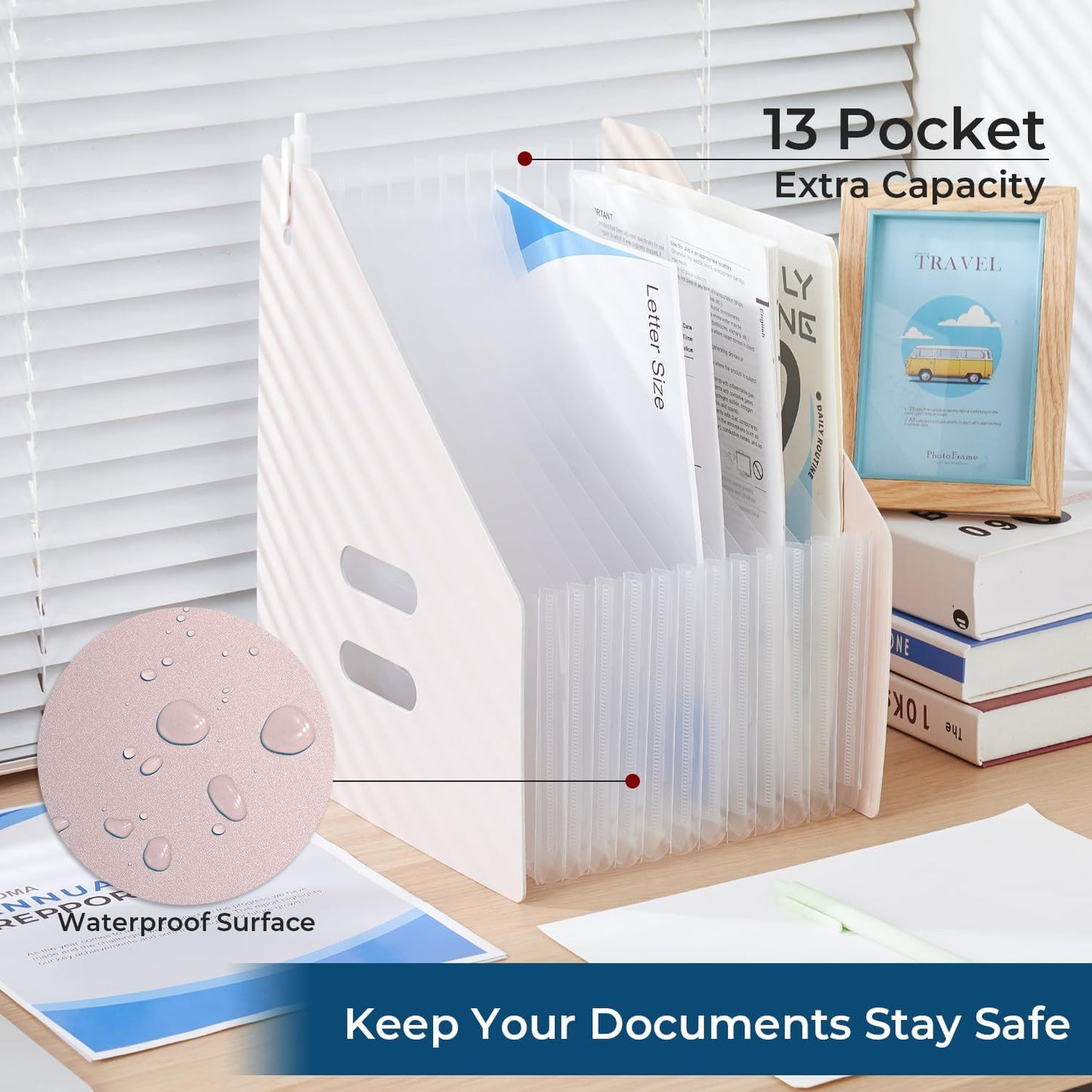 Y YOMA 2 Pack Expanding Magazine Holder with 13 Pockets | Portable Desktop Plastic Self Standing Accordion File Organizer for A4 Letter Size Document Storage Home Office School, Pink