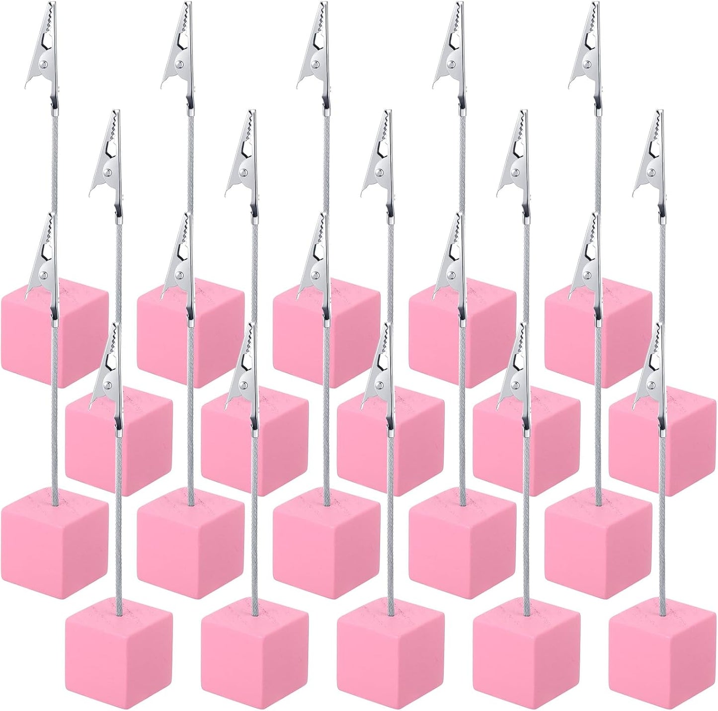 20 Pcs Cube Base Memo Clip Holder with Alligator Clip Wood Table Number Holder Cube Base Place Card Stand Mini Photo Menu Stand for Displaying Number Card(Pink)