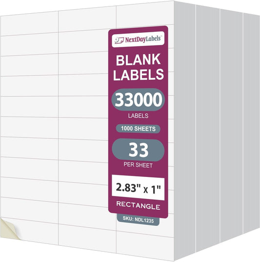 NextDayLabels - 2.83" x 1" Rectangular Sticker Labels for Printer - White Laser/Inkjet Printer Labels Return Address Labels Shipping Label Stickers (1000 Sheets, 33 Per Sheet, 33000 Labels)