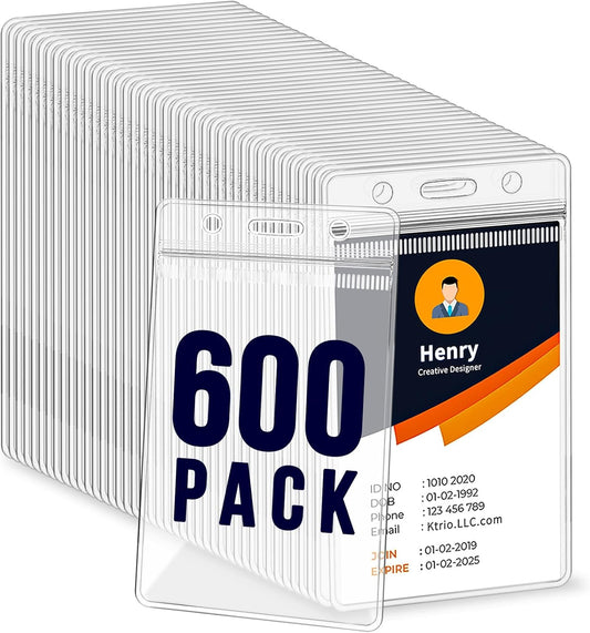 600 Pack ID Badge Holder - Vertical Badge Holder, 2.25" x 3.5" Clear Cards Holders for Lanyard, Plastic Sealable Waterproof, Name Tag Holder for Nurses, Office and School