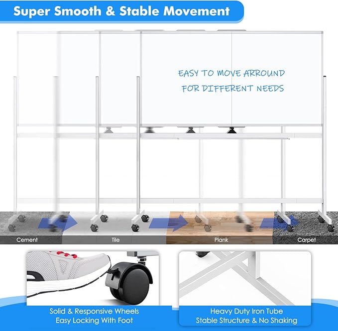 maxtek Rolling Whiteboard,72"x36" White Board with Stands Movable Dry Erase Board on Wheels, Large Double Sided Standing Whiteboard for Office School Classroom Presentation Supplies