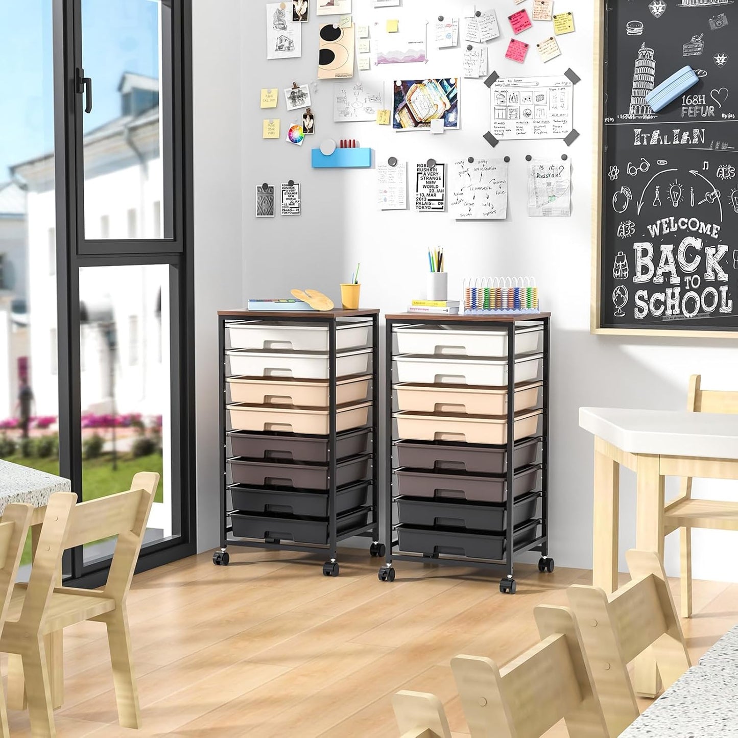 Rolling Carts with Wheels,Utility Cart with 8 Drawers and Wooden Tabletop,Rolling Drawer Cart,Plastic Drawer Storage for Living Room,Classroom,Bedroom,Bathroom,Dorm,Office,Brown