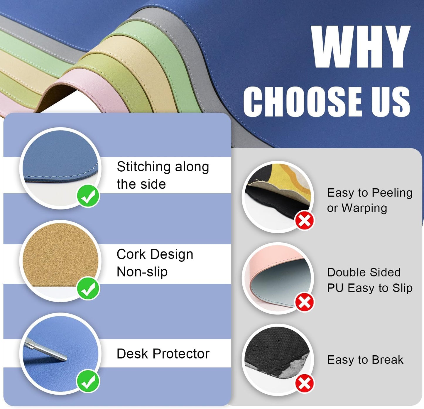 Non Slip Desk Mat, 31.5" x 15.7" PU Leather Desk Pad, Cork Desk Mat for Desktop, Desk Pad for Keyboard and Mouse, Ideal for Office and Home, Lake Blue