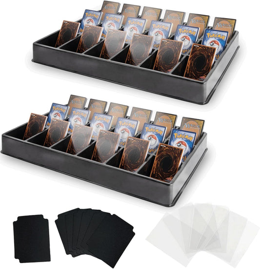2-Pack Card Sorting Tray with 18 Compartments Each Trading Cards Organizer for Raw, Sleeved & Toploader Storage Includes 100 Sleeves & 30 PP Dividers Label-Friendly, Stackable Storage Solution