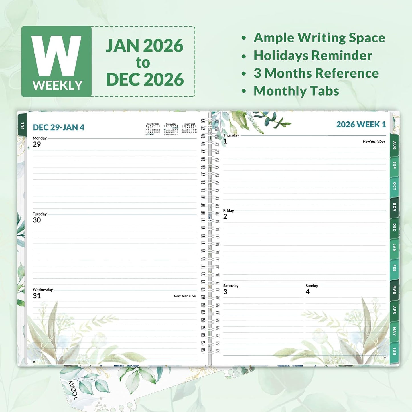 SUNEE 2026 Weekly and Monthly Planner - from January 2026 - December 2026, 8.5"x11" Daily Agenda Planner with Monthly Tab, Flexible Cover, Note Pages, Pockets, Bookmark, Spiral Binding, Eucalyptus