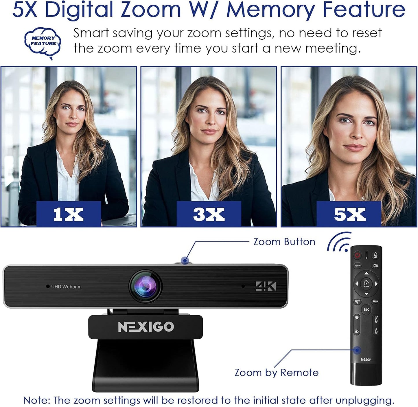 Zoom Certified, NexiGo N950P (Gen 2) 4K Zoomable Webcam, RF Remote, Sony_Starvis Sensor, 5X Digital Zoom, Pro Web Camera with Dual Stereo Mics, for Zoom Skype Teams Twitch
