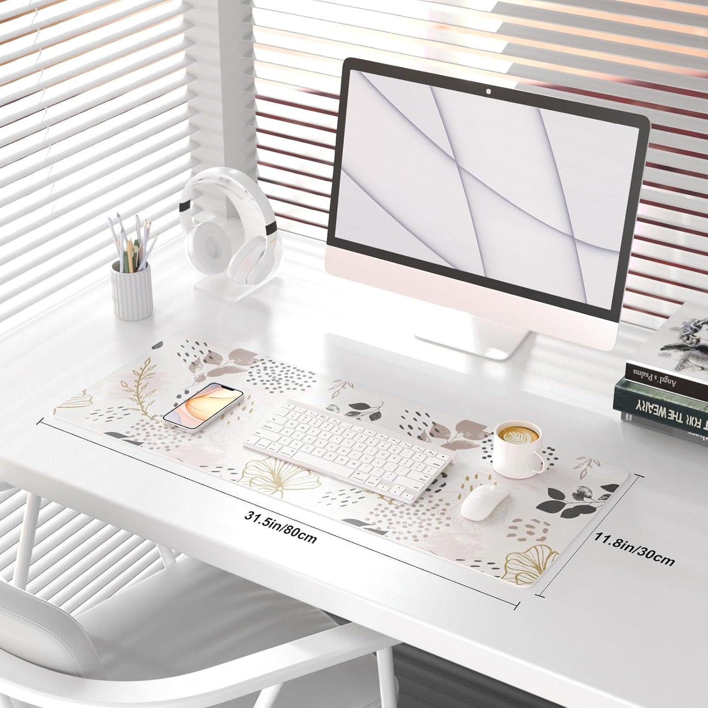 QIYI Large Mouse Pad for Desk, Cute Desk Mat for Desktop, Women Girls Office Décor Desk Accessories, PU Leather Waterproof Gaming Mousepad, Boho Botanical Desk Pad Computer Mat, 31.5" x 11.8"