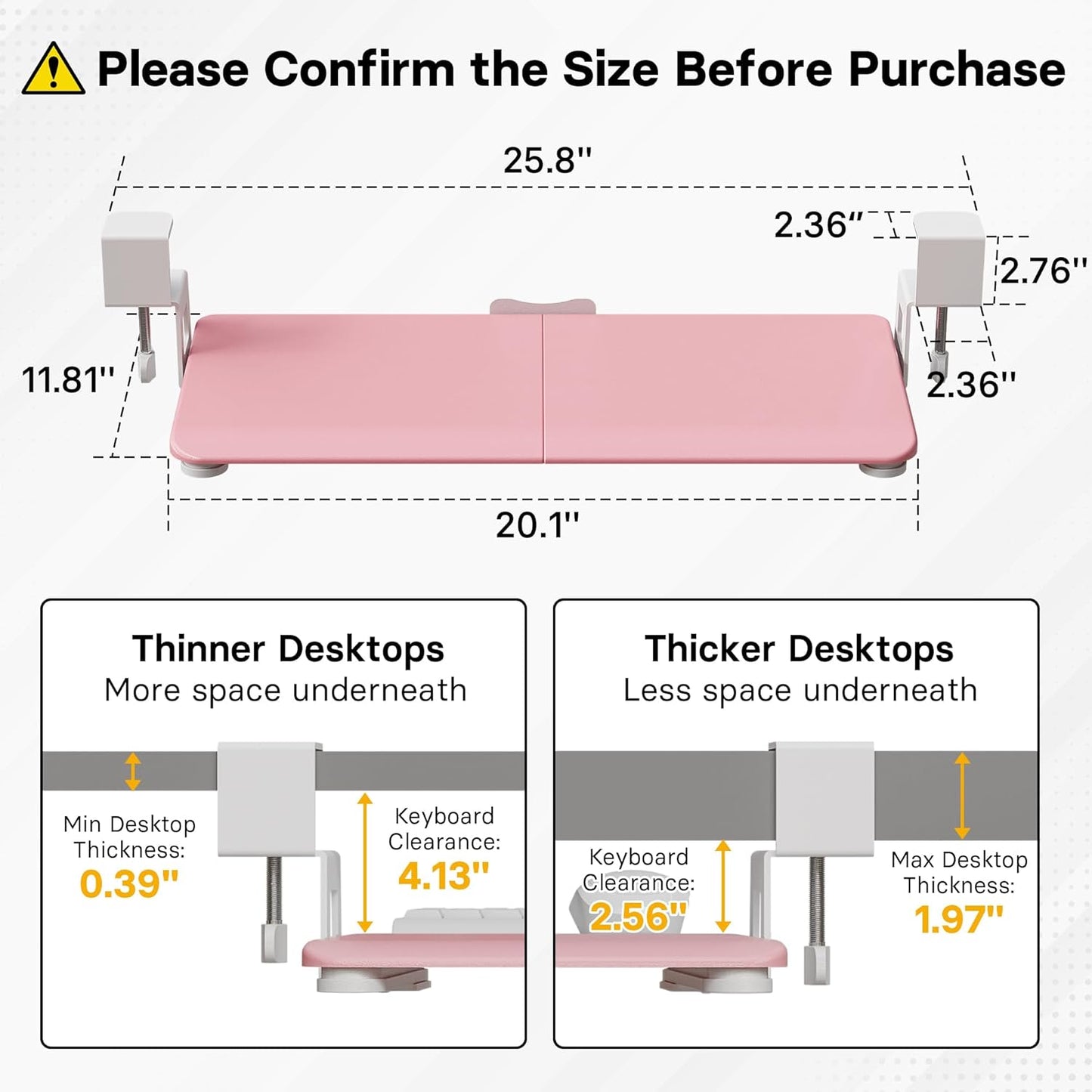 BONTEC KMT01-PJ Under Desk Keyboard Tray, Pull-Out Keyboard & Mouse Platform with C-Clamp, 20 x 11.8 in Space-Saving Ergonomic Slide-Out Drawer, Pink