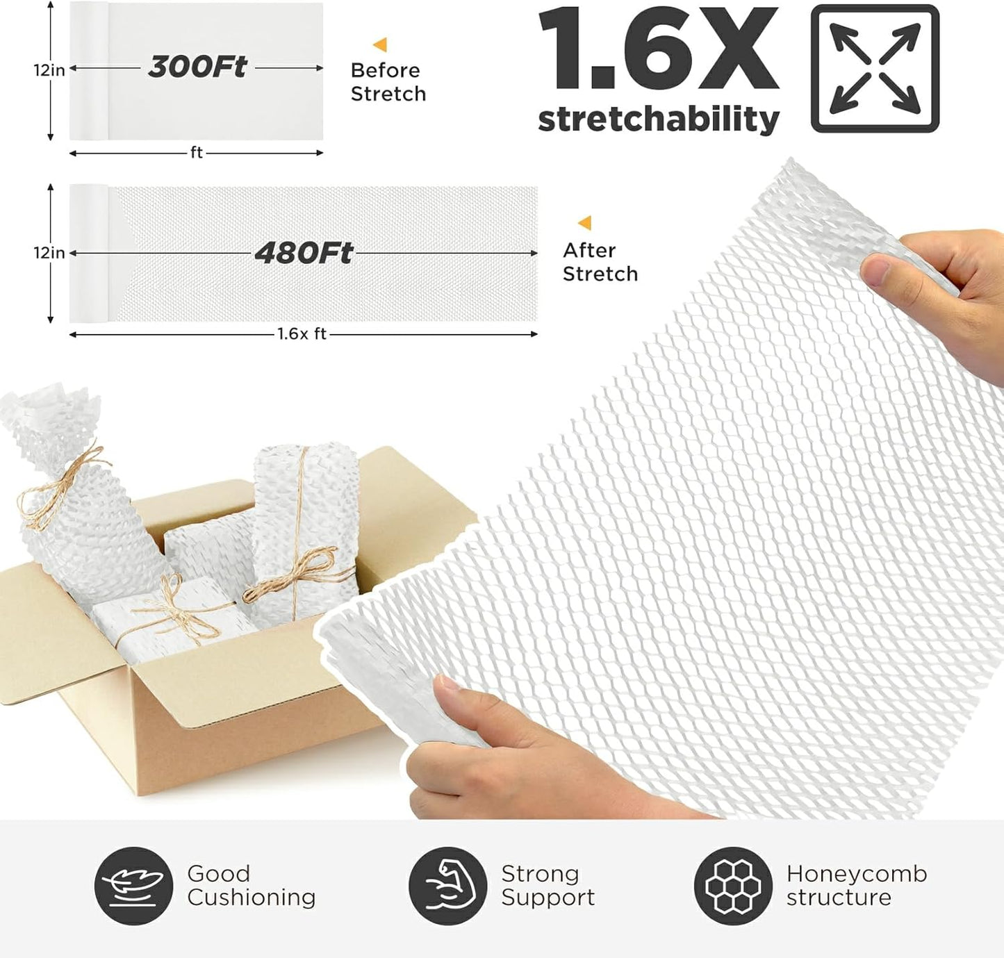 Honeycomb Packing Paper, 12"x300' White | Perforated Honeycomb Packing Paper Recyclable Moving Supplies for Shipping & Moving | Plastic-Free Alternative to Bubble Cushion Wrap with 36 Fragile Stickers