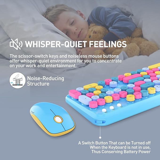 FOPETT Wireless Keyboard and Mouse Combo, 105 Keys Full-Sized 2.4 GHz Round Keycap Colorful Keyboards, USB Receiver Plug and Play, for Windows, Mac, PC, Laptop, Desktop (Blue Colorful)
