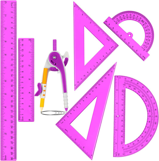 Zonon 1 Set Plastic Geometry Math Set 7 Pcs Includes 6'' / 4 '' Protractor, Drawing Compass, 45/60 Degree Triangle Rulers, 12'' / 6'' Math Ruler Transparent for Office Supplies(Purple)