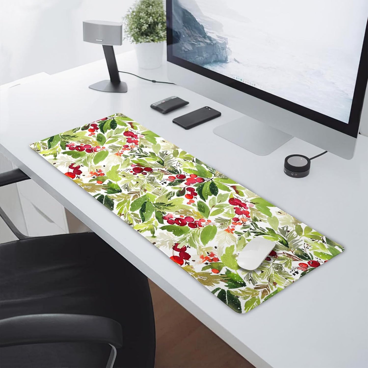 Watercolor Holly Christmas Gaming Mouse Pad XL Green Leaves Red Berry Xmas Extended Large Mat Mousepad Desk Pad Rubber Base Stitched Edge Winter Holiday Long Keyboard Pad for Computer,31.5×11.8 Inch