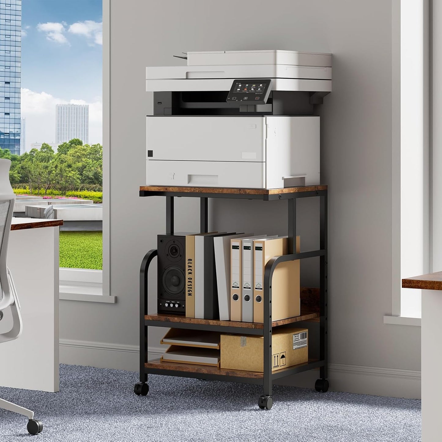 Printer Stand, 19.68×15.75×27.55 Printer Table with Adjustable Storage Shelf, 3 Tier Rolling Cart with Wheels, Space Saving Desk for Home Office, Mini Fridge & Heat Press Stand, Rustic Brown