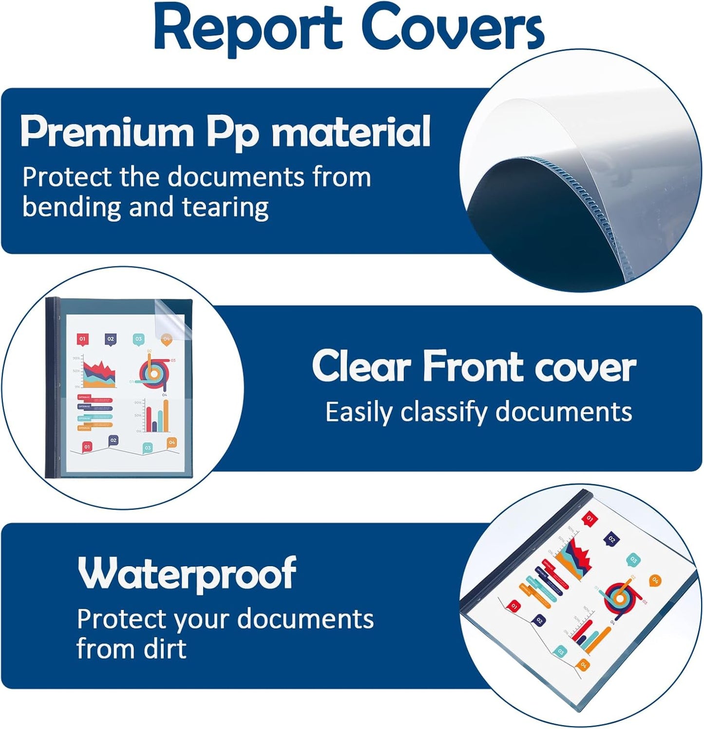 30 Pcs Clear Front Report Covers, Report Covers with 3-Prong Fasteners, Clear Front Presentation Folders for School Office Business, Navy Blue