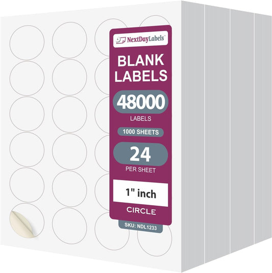 NextDayLabels 1.66 Inch Round Sticker Labels for Printer - Matte White Blanks - 24,000 Laser/Inkjet Printables