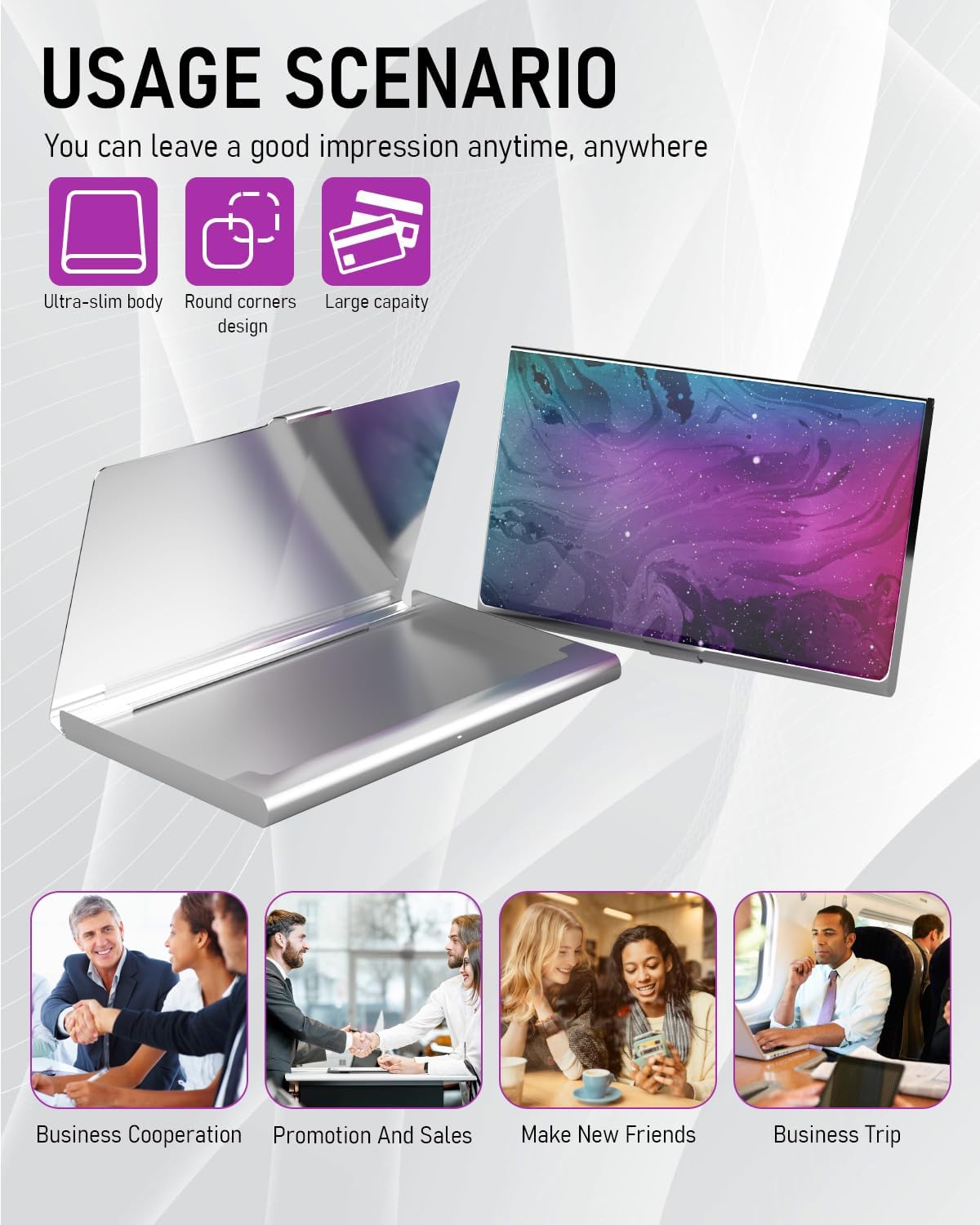 Business Card Metal Slim Organizer, Professional Stainless Steel Square Pocket Wallet for Office Workers, Compact and Portable for Pockets (Purple Starry Sky)