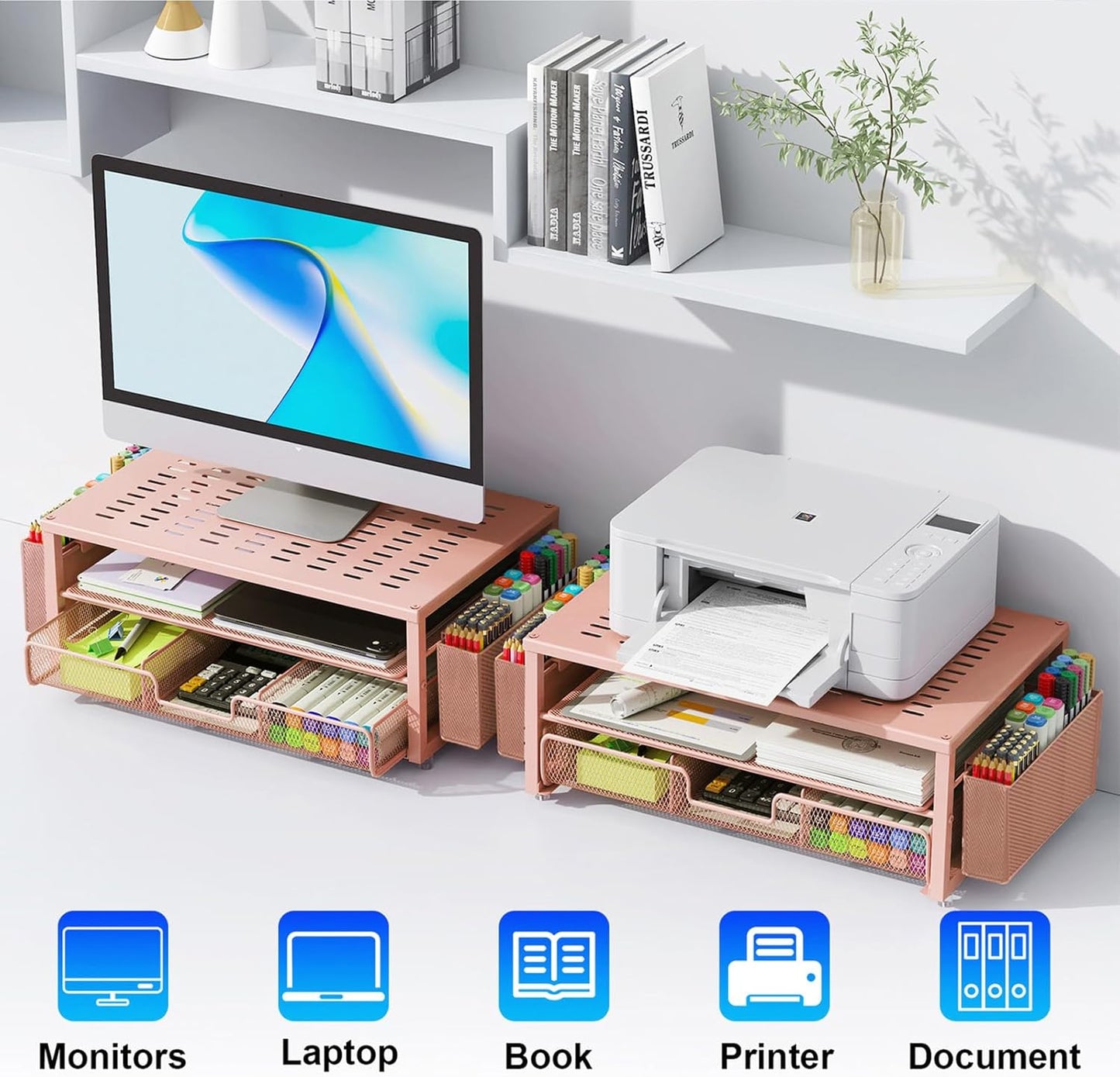 gianotter Desk Organizers and Accessories, Monitor Stand with Drawer and 2 Pen Holder, Desktop Organizer Suitable for Offices and Dormitories (Rose Gold)