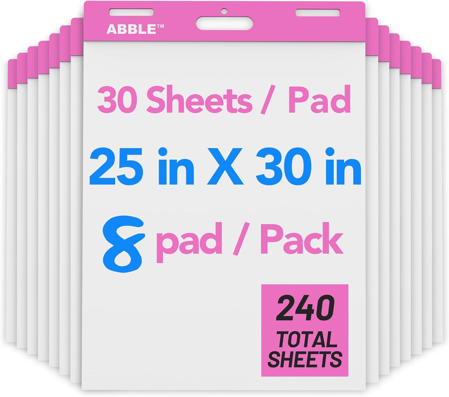 Super Sticky Easel Pad, 25 x 30 Inches, 30 Sheets/Pad, 8 Pads/Pack (PinK), Large Self Stick Flip Chart Paper for Whiteboards, Premium White Chart Paper for Teachers, Office, and Classroom Supplies