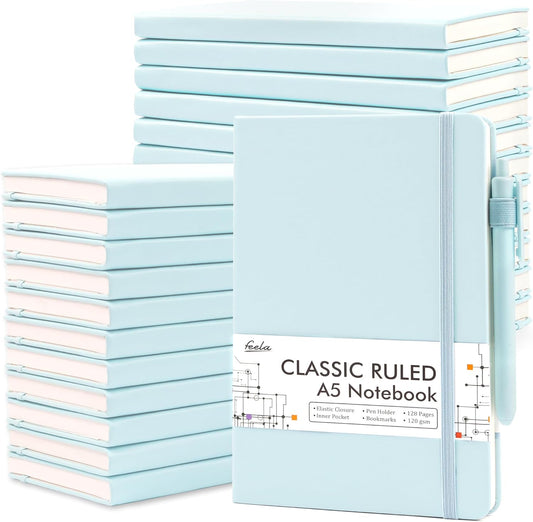 feela 24 Pack Journal Notebook Bulk for Work, Business Notebook Hardcover Lined Writing Journal with Pen Holder for Students Women Note Taking, with 24 Black Pens, 120 GSM, 5.1”x8.3”, A5, Sky Blue