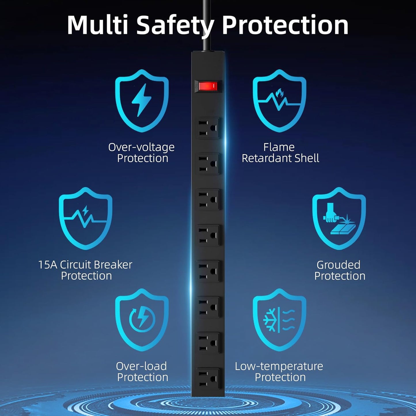 8 Outlets Metal Heavy Duty Power Strip with 12 Ft 14AWG Power Cord,Wide Spaced Outlets,Wall Mount Long Power Strip for Commercial,Industrial,School,Garage,Home,15A 125V 1875W,Black (12FT)