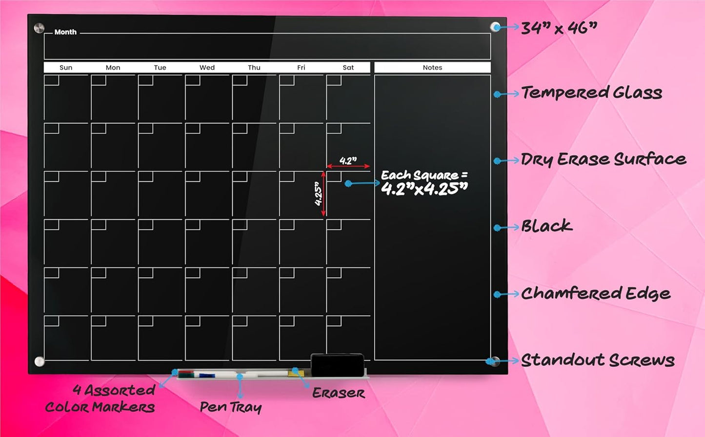 Real Glass Dry Erase Monthly Calendar, Giant Size 34" x 46", Tempered Glass Surface, Frameless Wall Mount, with 4 Assorted Color Markers and Eraser, by Better Office Products (Jet Black)