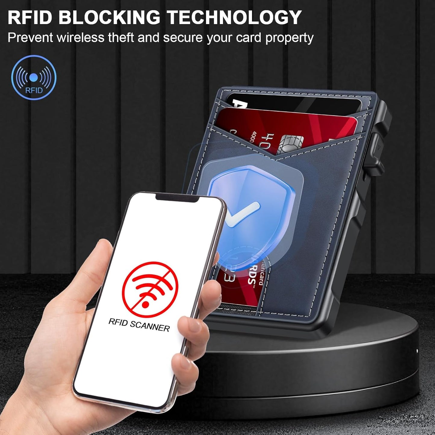 Airtag Wallet for Men, Mens Smart Wallet for Air Tag RFID Blocking, Minimalist Bifold Pop Up Aluminum Credit Card Case Holder 12+ Cards with ID Window, Gift for Men, No Airtag Included, Navy