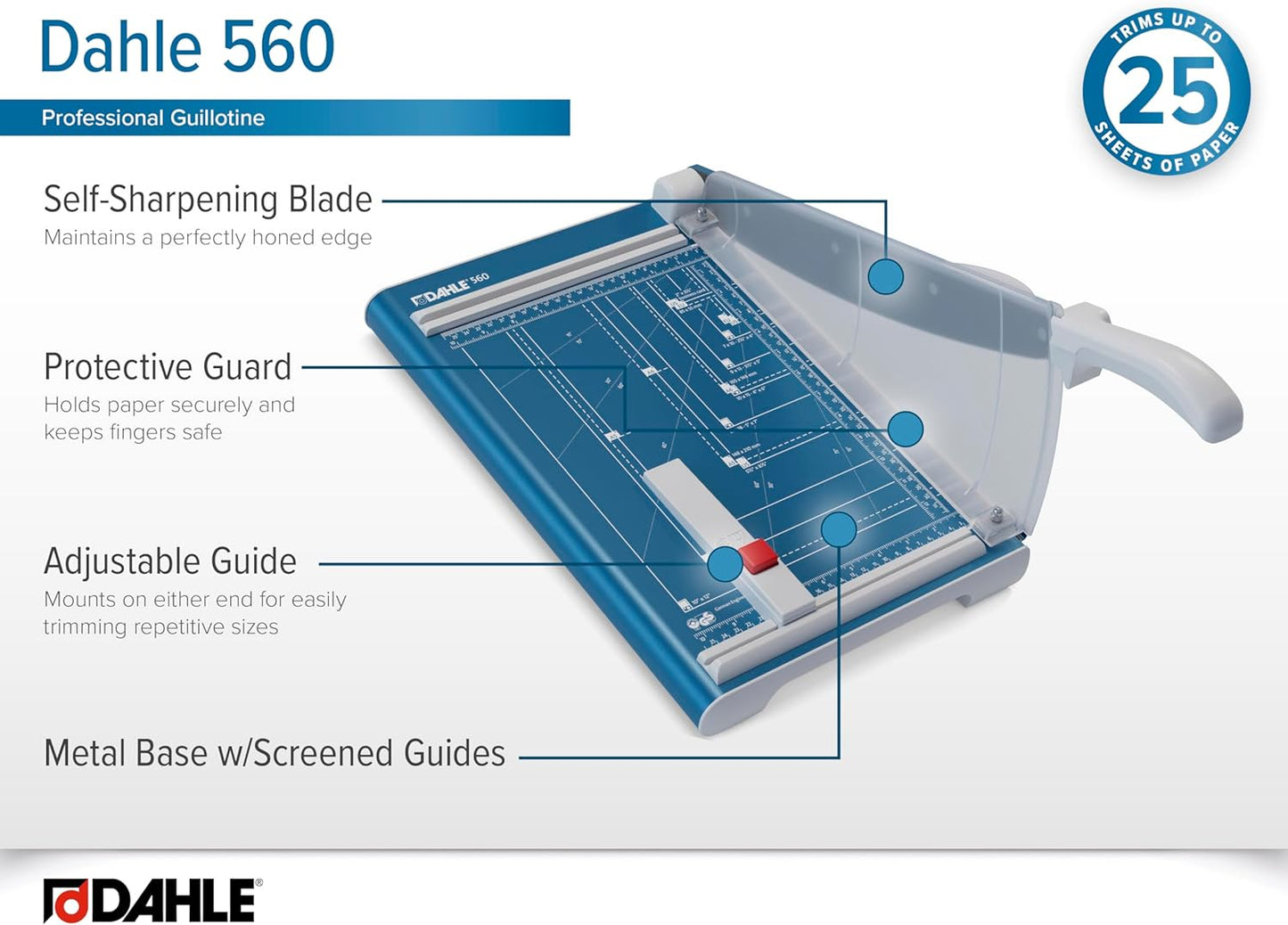 Dahle 560 Professional Guillotine Trimmer, 13" Cut Length, 25 Sheet Capacity, Self-Sharpening, Safety Shield, German Engineered Paper Cutter
