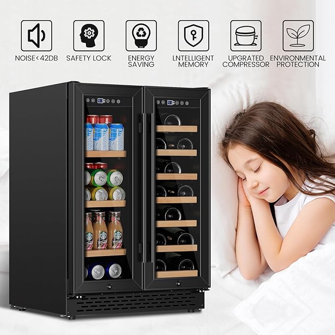 24 Inch Wine and Beverage Refrigerator Under Counter, Dual Zone Black Beverage Fridge with Glass Door&Lock,20 Bottles & 88 Cans Wine and Beverage Cooler, Freestanding Mini Fridge for Bedroom Home