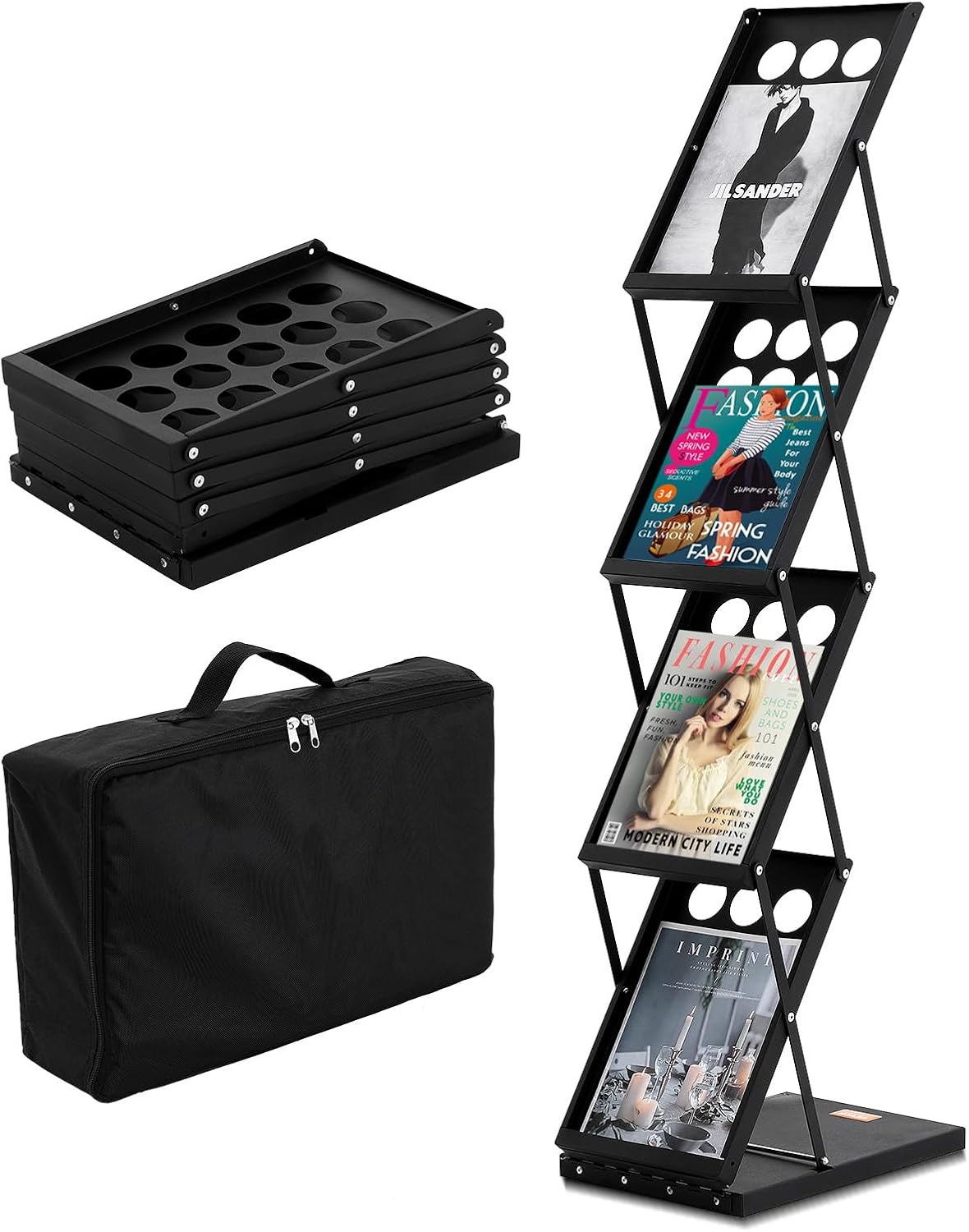 VEVOR Foldable Magazine Display Rack, 4-Tier Brochure Literature Display Stand, Portable Catalog Brochure Holder Stand with Carrying Bag for Office Trade Show Exhibitions, 4 Pockets
