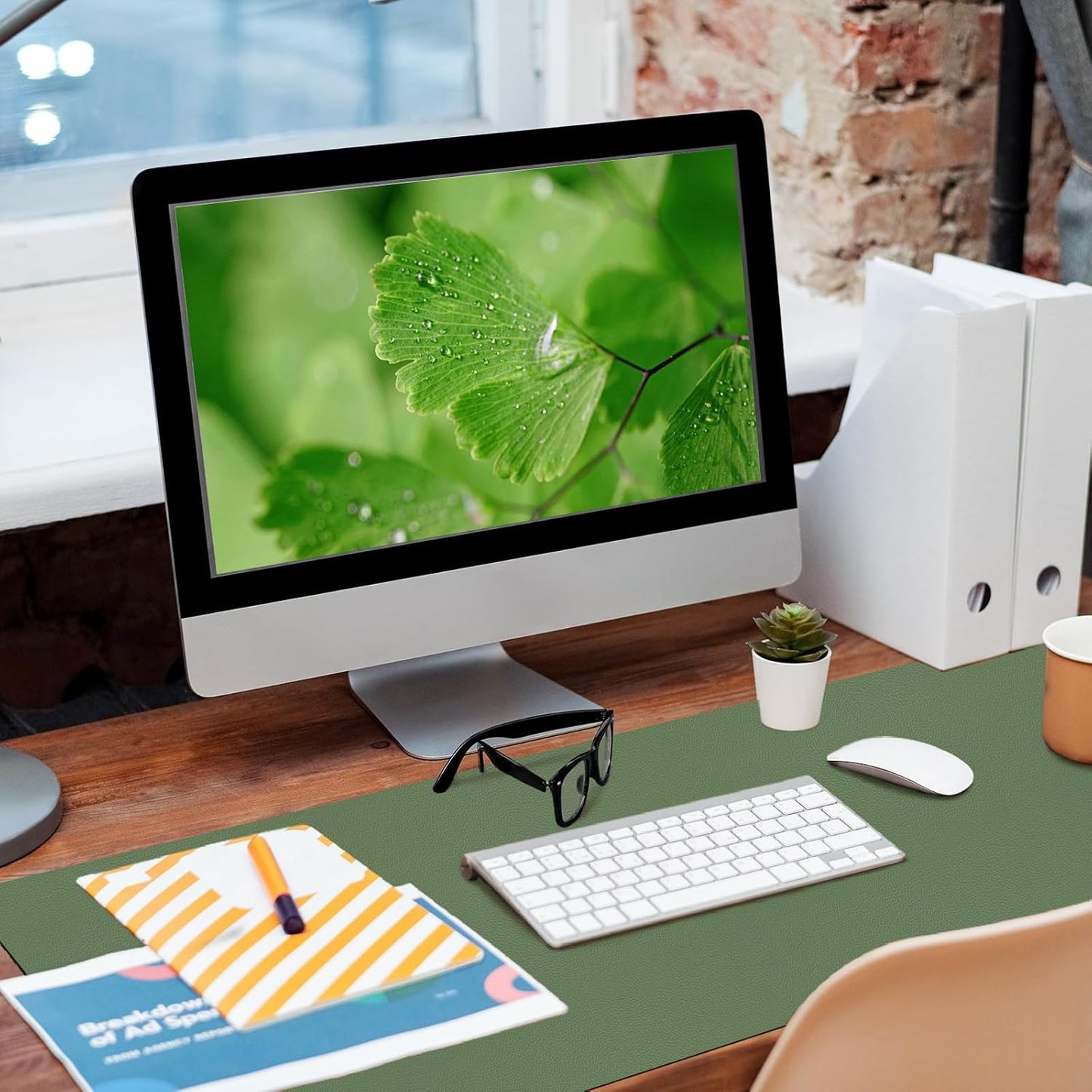 Bloss Olive Green Desk Mat 35.4" x 15.7", Desk Matt for Desktop, Large Leather Desk Pad, Waterproof Desk Pad Mat, Office Supplies for Women