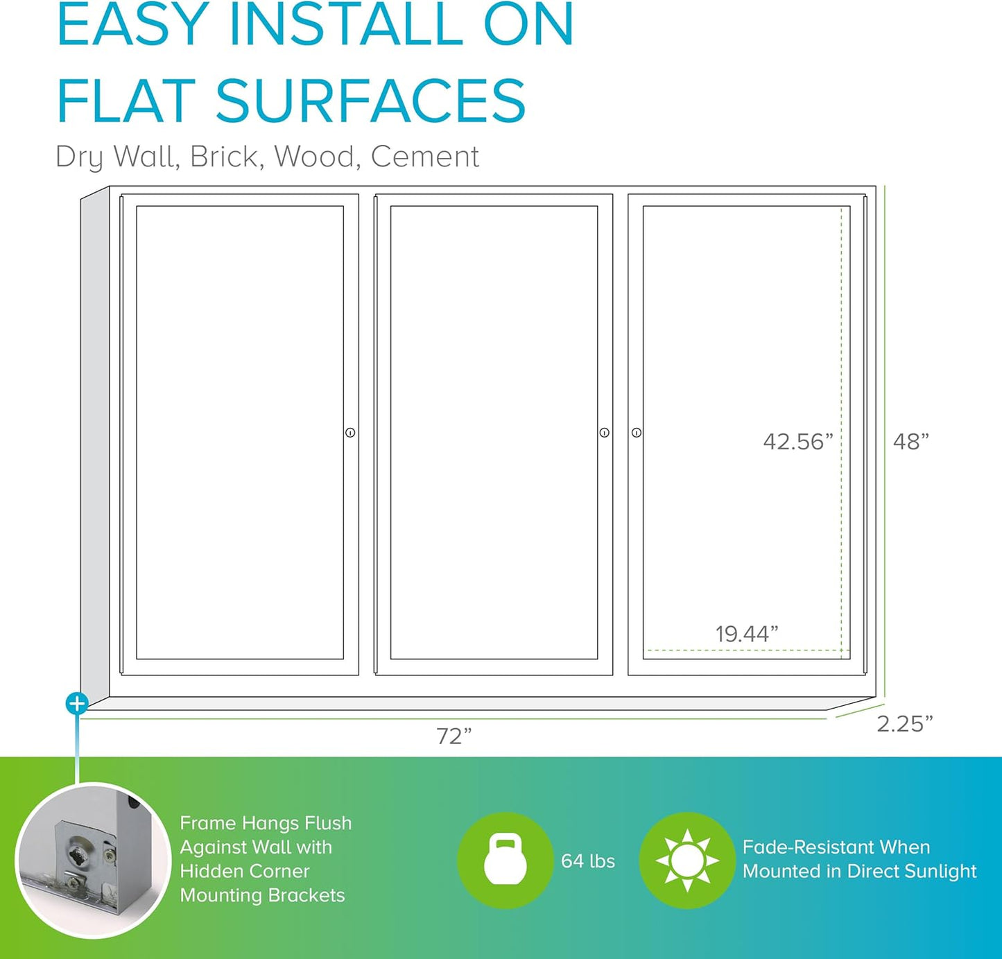 Ghent 48" x 72" 3-Door indoor Enclosed Recycled Rubber Bulletin Board, Shatter Resistant, with Lock, Satin Aluminum Frame,Confetti (PA346TR-CF),Made in the USA