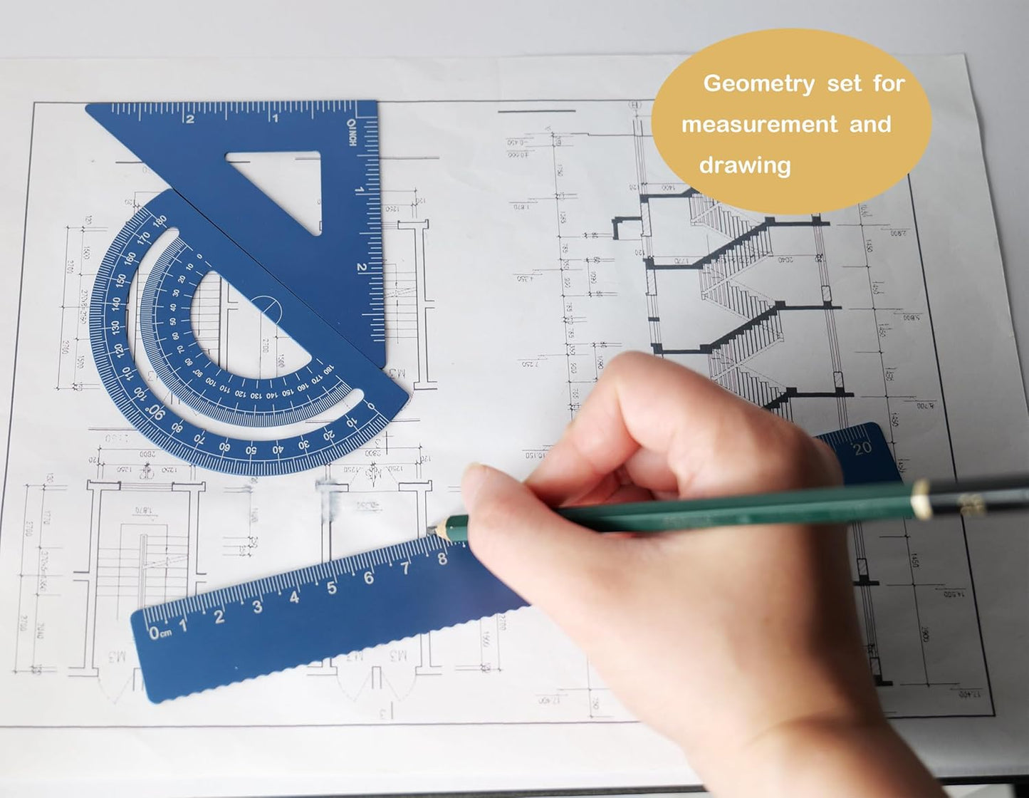 Metal Geometry Set, 5-Piece Aluminum Ruler, Math Drafting Ruler Kit Includes Protractor, Triangle Rulers, Straight Rulers-Math Measurement Tools for School and Office Supplies (Blue)