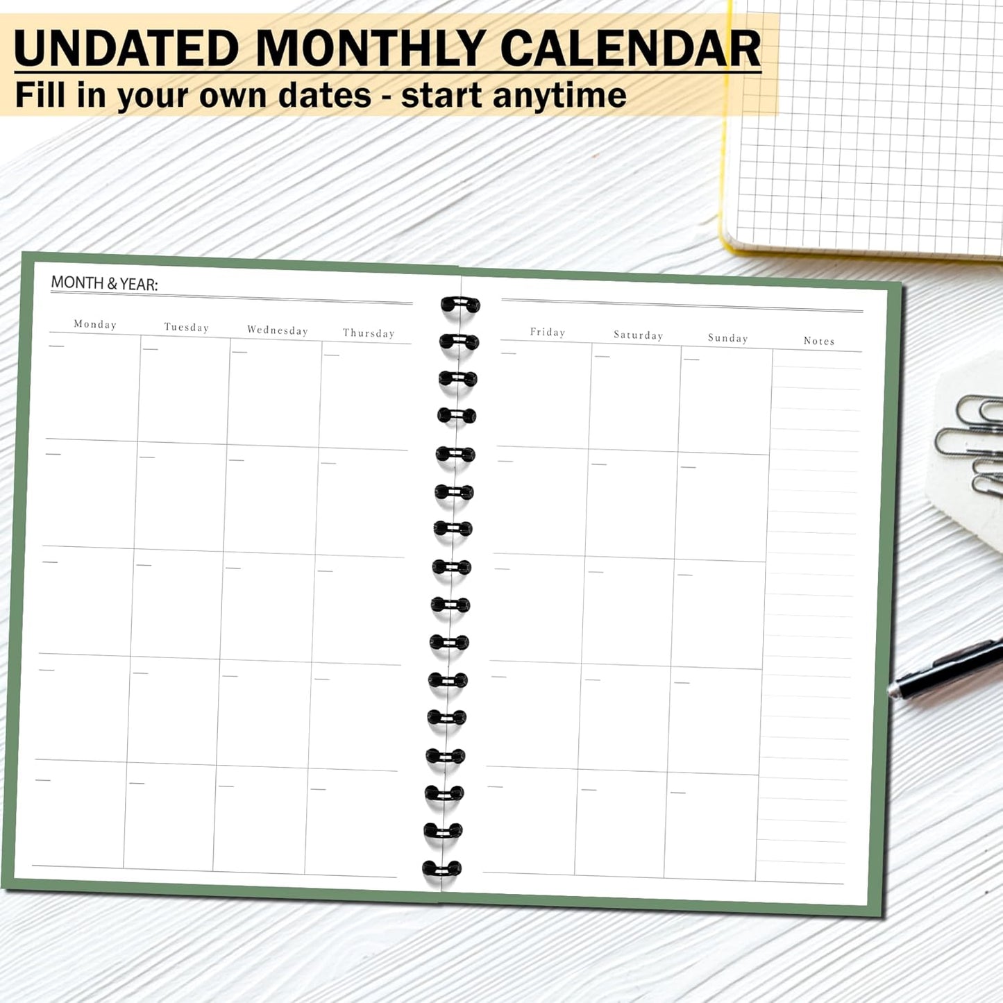 Undated Monthly and Weekly Planner - 12 Month Calendar Planner Notebook with Week Days - Hardcover Undated Planners Blank Agenda Book - A5 Green