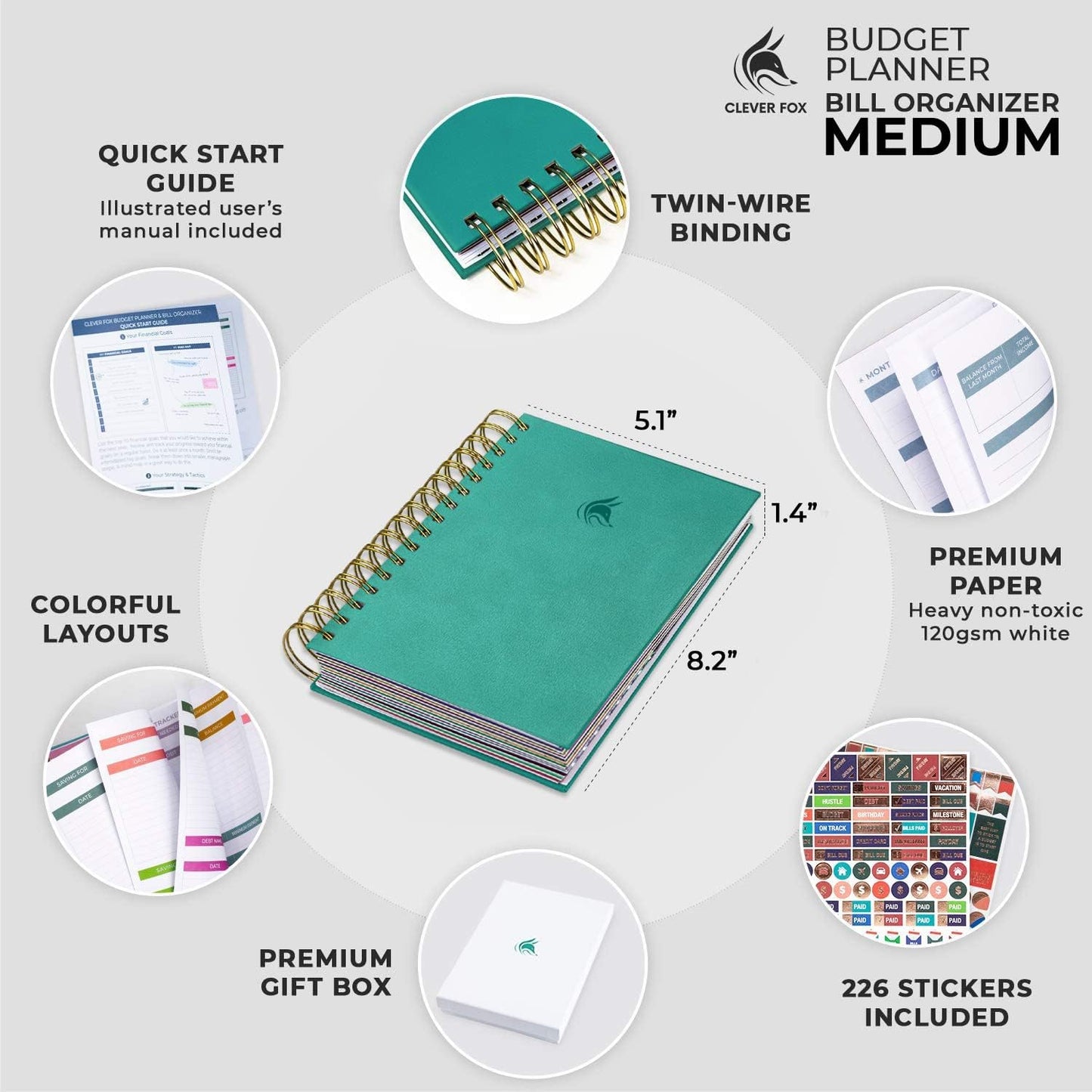 Clever Fox Budget Planner & Monthly Bill Organizer With Pockets. Expense Tracker, Budgeting Journal & Financial Book. Medium, 5.1x8.2" (Turquoise)