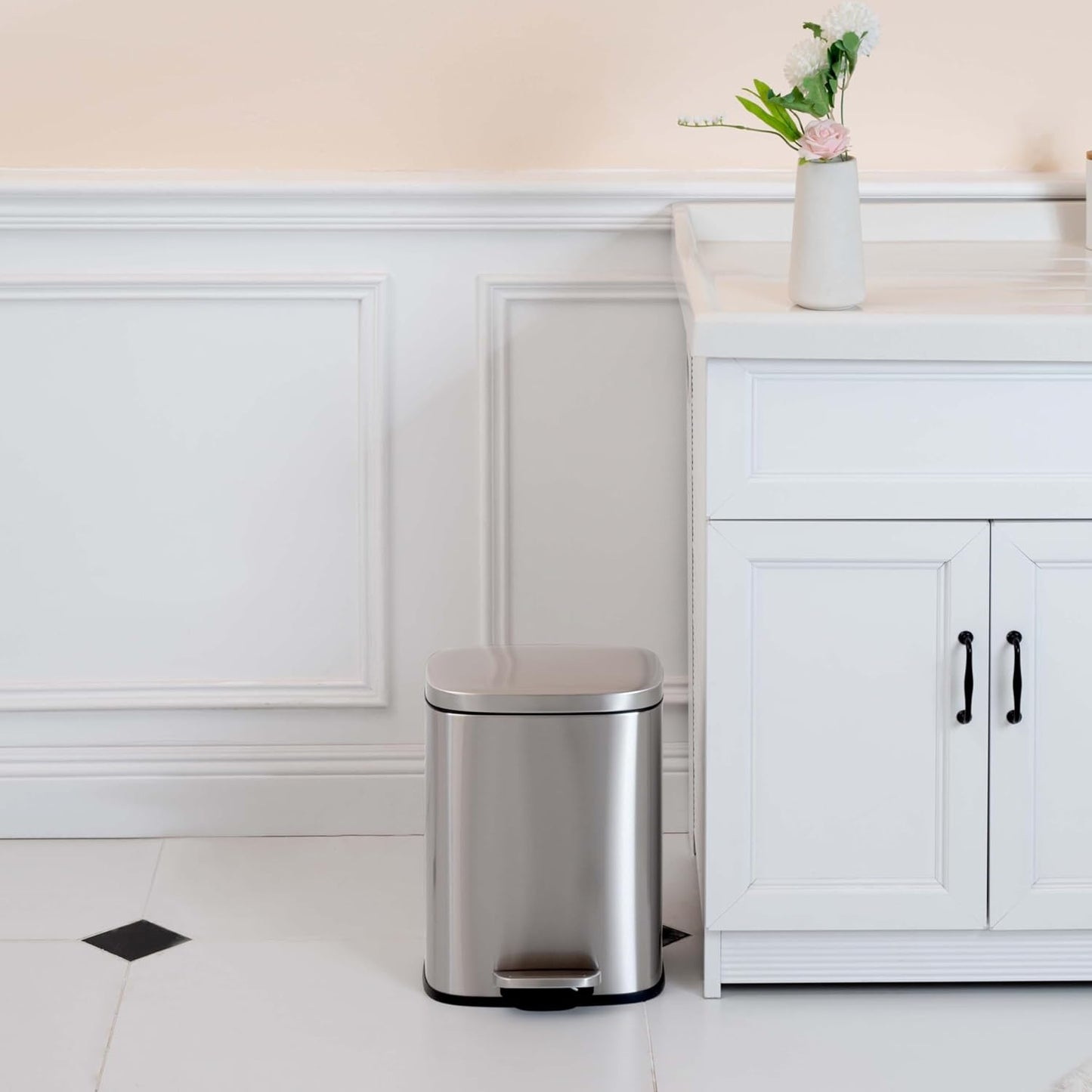 Amazon Basics Smudge Resistant Small Rectangular Trash Can With Soft-Close Foot Pedal, Brushed Stainless Steel, 12 Liter/3.1 Gallon, Satin Nickel Finish, 11.3"L x 9.9"W x 15.1"H