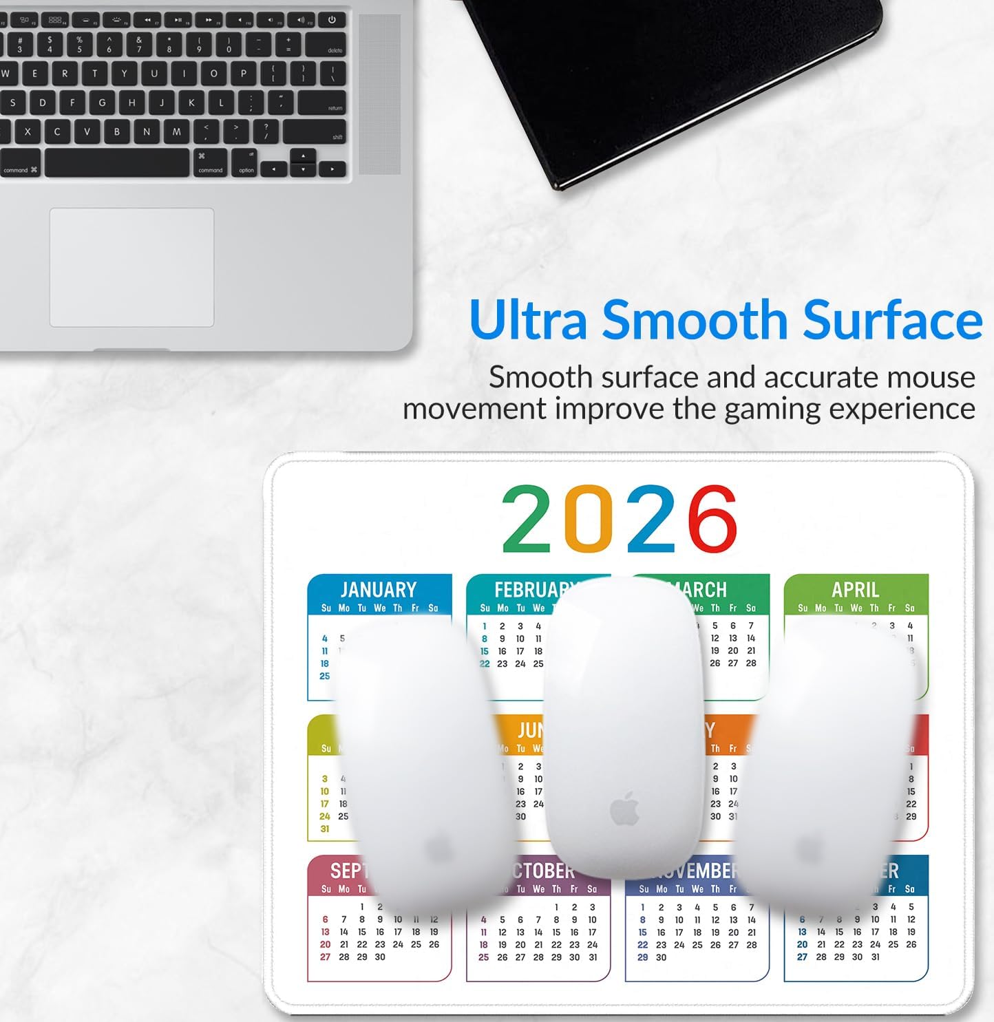 2026 Calendar Mouse pad, Gaming Stitched Edge Computer Accessory Mouse Pad, Rectangular Anti Slip Chloroprene Rubber Mouse Pad for Office and Home Use (White Calendar Mouse Pad)