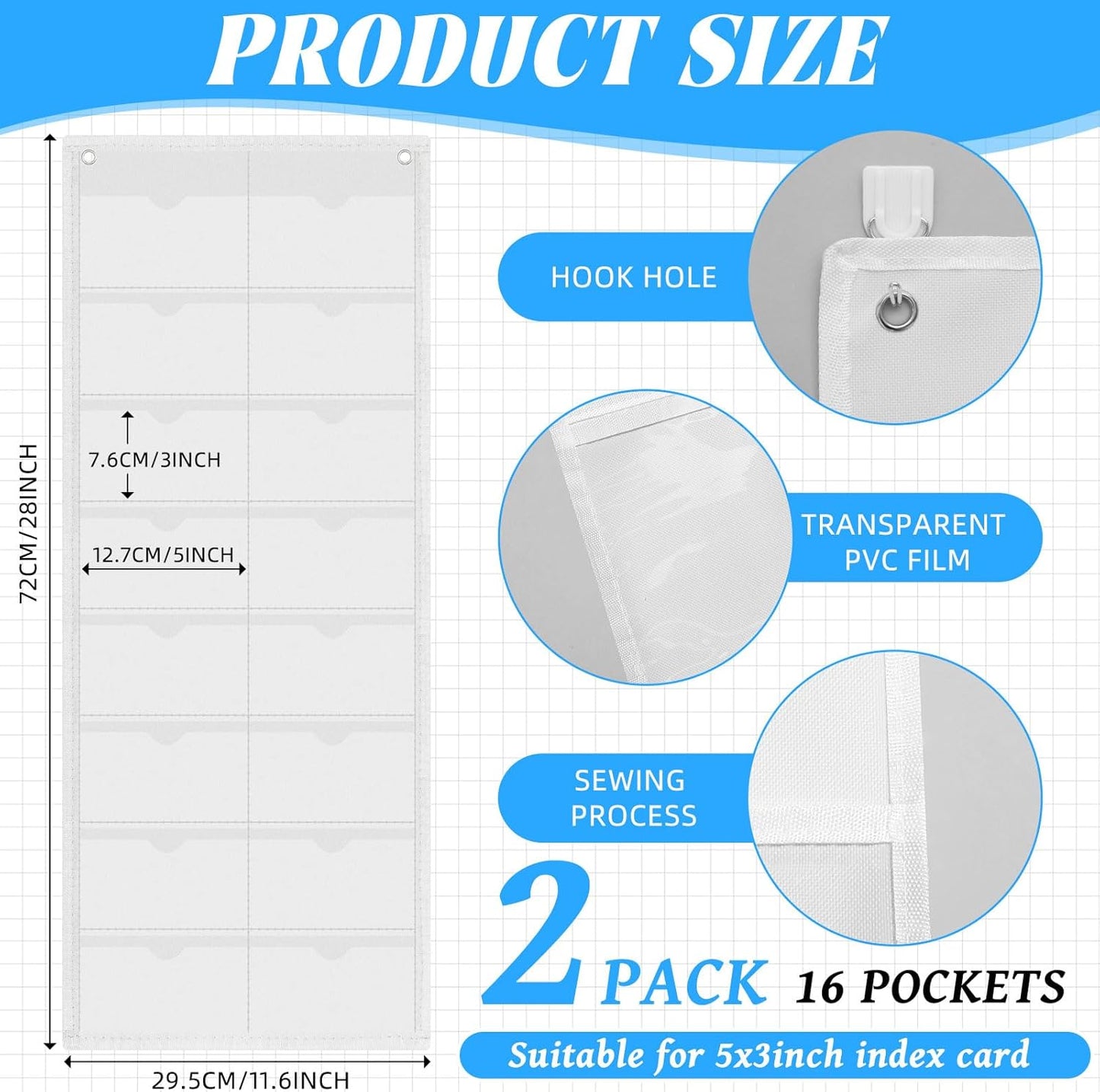 2 Pack 3'' x 5'' Index Card Holder Sleeve 16 Slot Plastic Organizer Hanging Wall Mount Business Note Cardholder PVC Clear Organizer Pocket for Classroom Office Library Home (White)