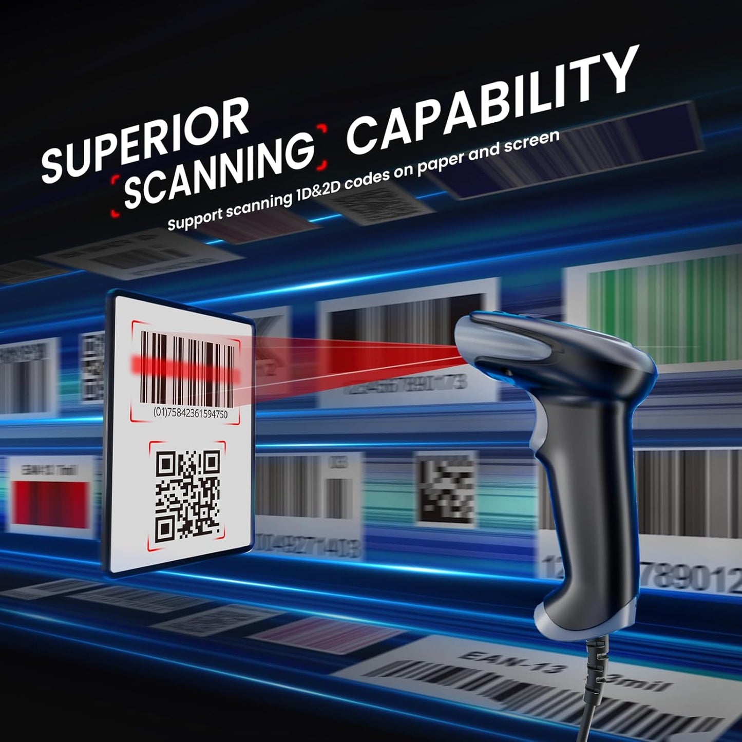 Eyoyo 2D USB Barcode Scanner: Handheld Wired QR Code Scanner for Computer Laptop POS PC, Fast Automatic 1D UPC Screen & Printed Bar Code Reader for Library, Retail Store, Book, Warehouse Inventory