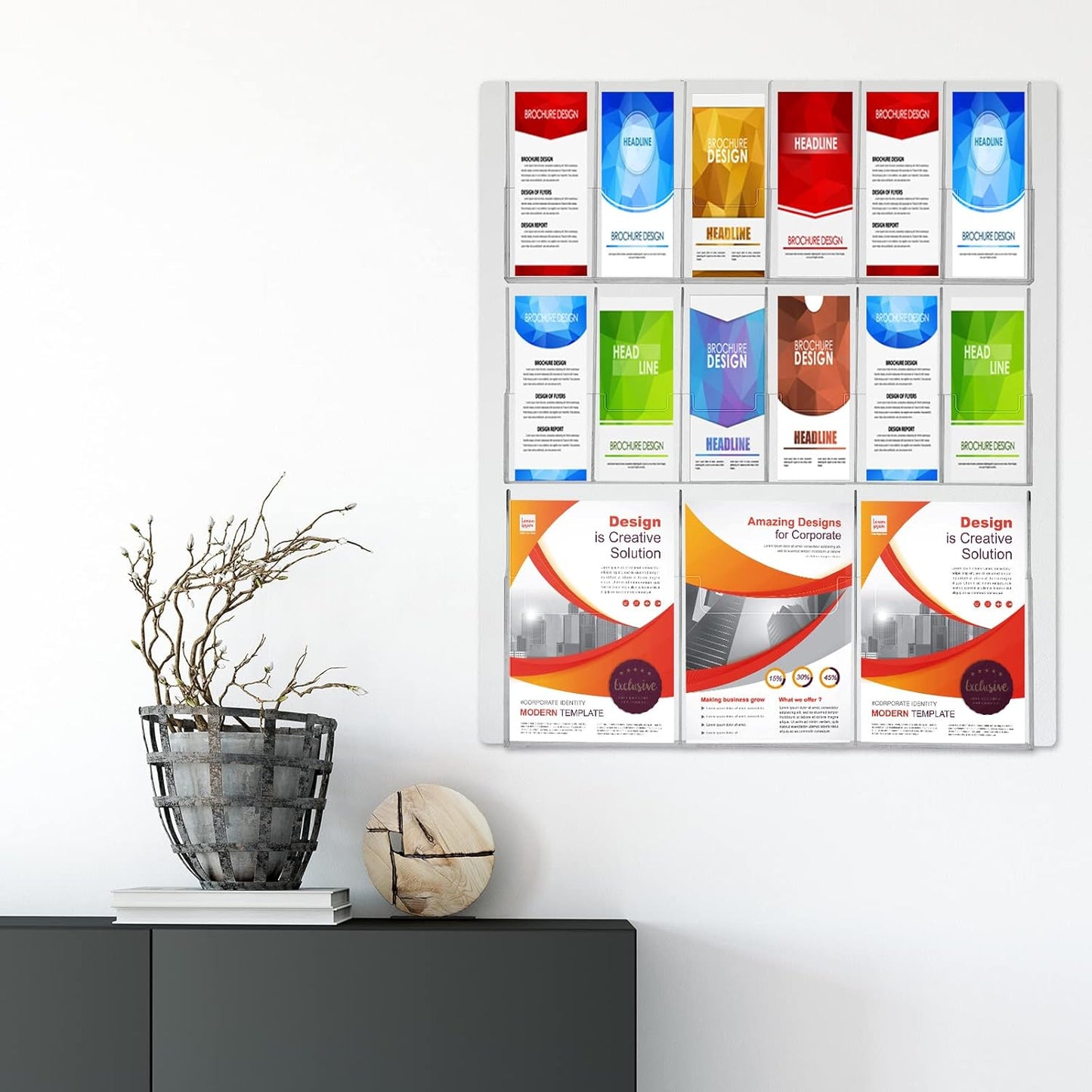 Weysat Acrylic Brochure Holder Wall Mount, Clear Plastic Pamphlet Holder Magazine Display Trifold Flyer Rack Hanging Literature Storage Organizer(3 Magazine Pockets, 12 Pamphlet Pockets)