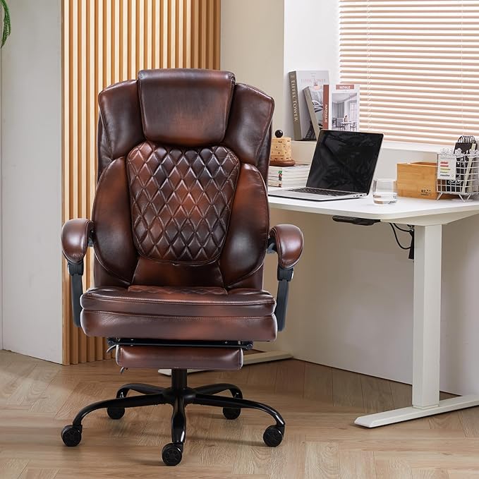 Ergonomic Office Chair with Foot Rest, Executive Chair with Footrest PU Leather Computer Chair, Big and Tall Chair Reclining Desk Chair, Thick Padded Coil Spring Seat, 400 lbs Capacity (Brown)