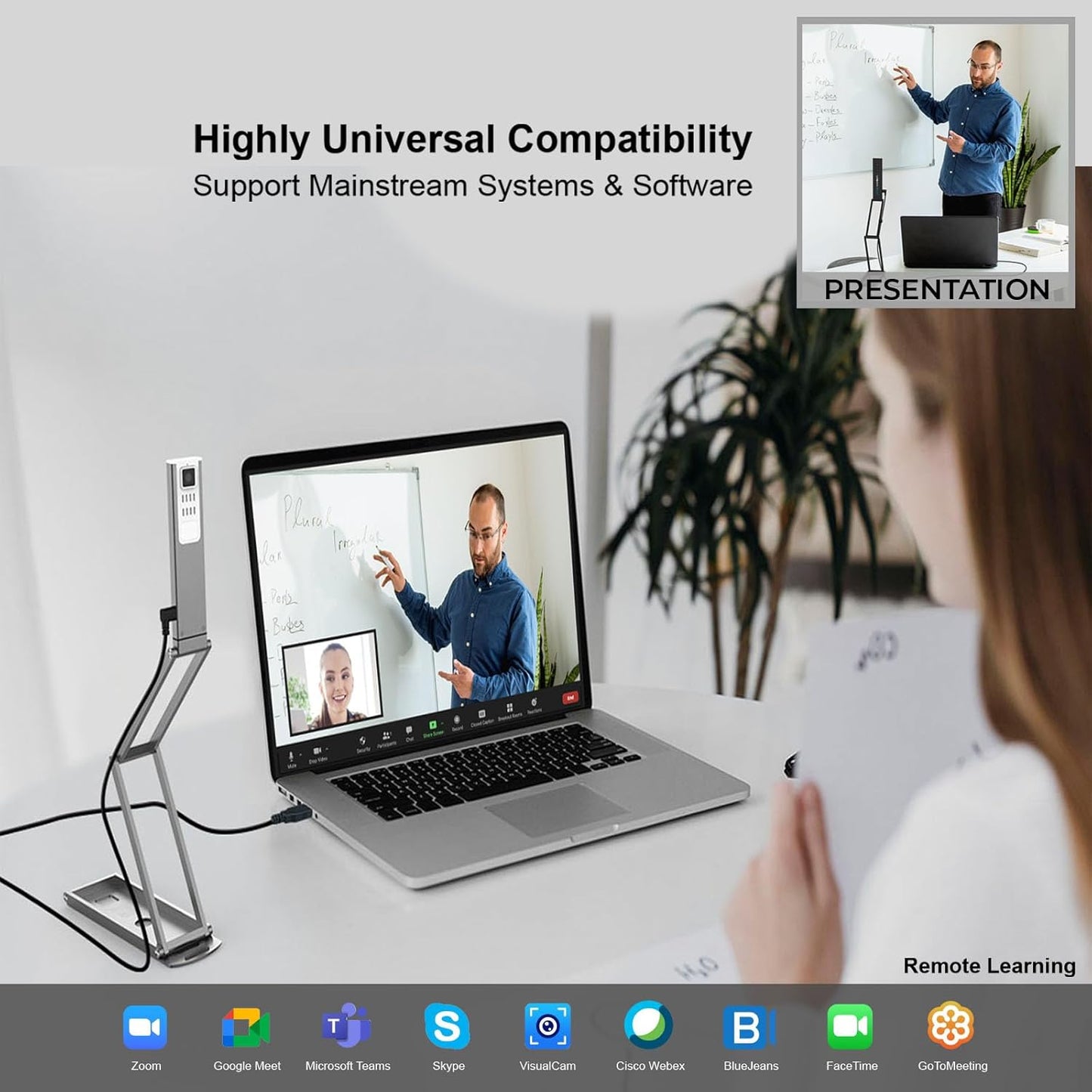 Adesso 4K Ultra HD 8MP USB Document Camera & Webcam with Built-in Microphone, LED Light, Autofocus, Multi-Jointed Design, Folding for Live Demo, Web Conferencing, Distance Learning, Remote Teaching
