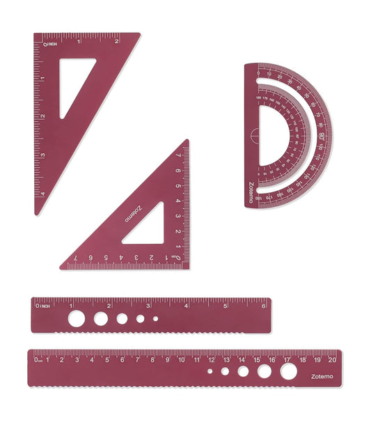 Metal Geometry Set, 5-Piece Aluminum Ruler, Math Drafting Ruler Kit Includes Protractor, Triangle Rulers, Straight Rulers-Math Measurement Tools for School and Office Supplies (Plum Red)