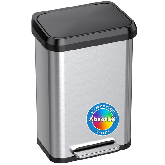 iTouchless SoftStep EXP 13.2 Gallon Step Pedal Trash Can Recycling Bin with Odor Filter Stainless Dent-Proof Plastic Lid Garbage Trashcan 50 Liter Home Office Bedroom Living Room Garage Wastebasket