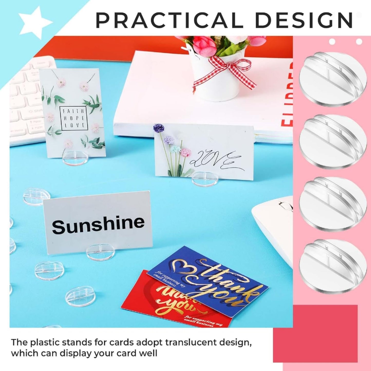 Yinkin 50 Pcs Mini Card Stands Plastic Place Card Holders Paper Miniature Bases Clear Paper Board Clips for Game Table Numbers Translucent Business Price Tags Menus Labels Party, 1 Inch in Diameter